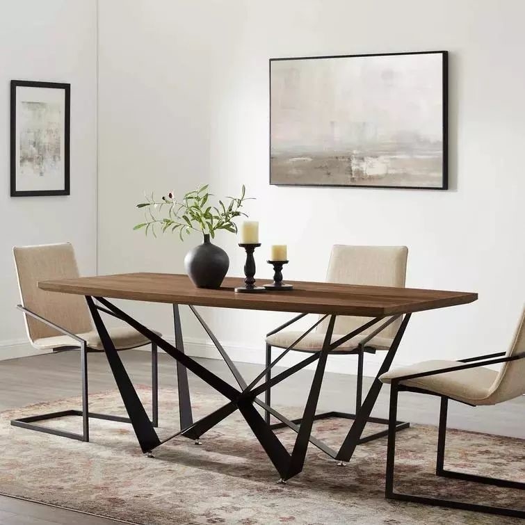 Industrial Design Wood Metal Dining Table Set Black Iron Base Scratching Proof